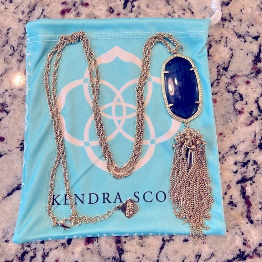 Kendra Scott Rayne Oval Tassel Pendant Necklace Navy Cat’s Eye / Gold - Picture 3 of 15